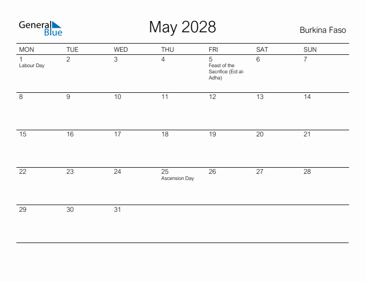 Printable May 2028 Calendar for Burkina Faso
