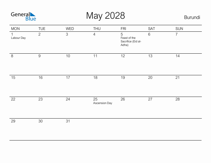 Printable May 2028 Calendar for Burundi