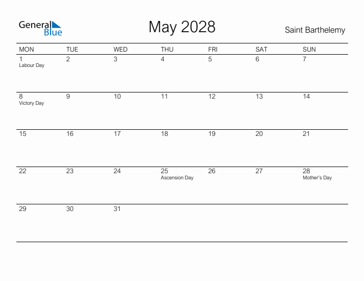 Printable May 2028 Calendar for Saint Barthelemy