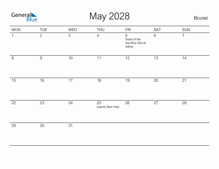 Printable May 2028 Calendar for Brunei