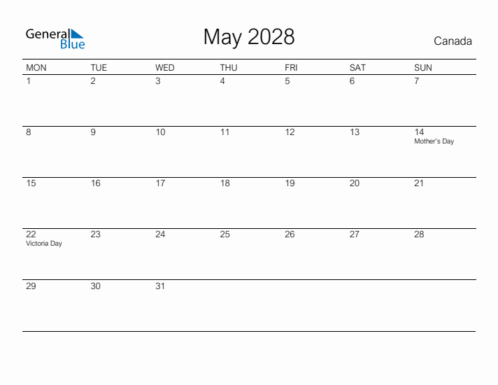 Printable May 2028 Calendar for Canada