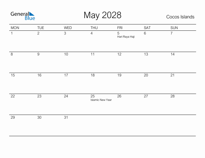 Printable May 2028 Calendar for Cocos Islands