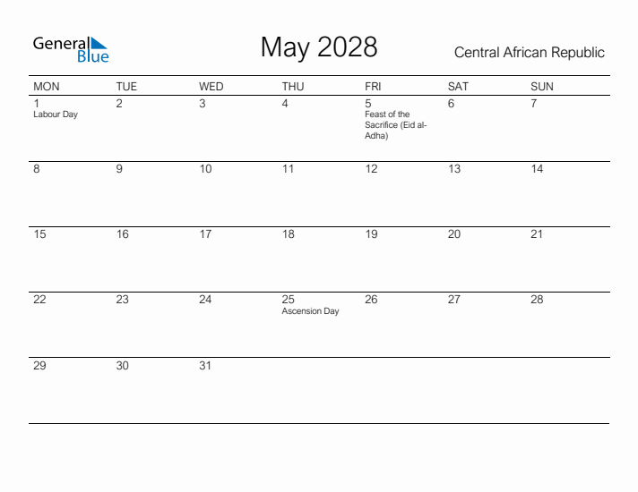 Printable May 2028 Calendar for Central African Republic