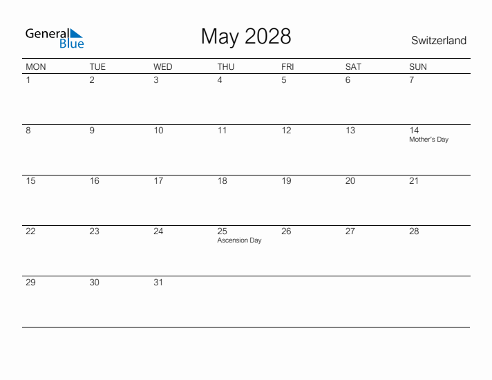 Printable May 2028 Calendar for Switzerland