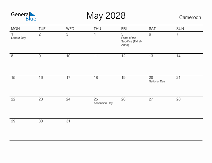 Printable May 2028 Calendar for Cameroon