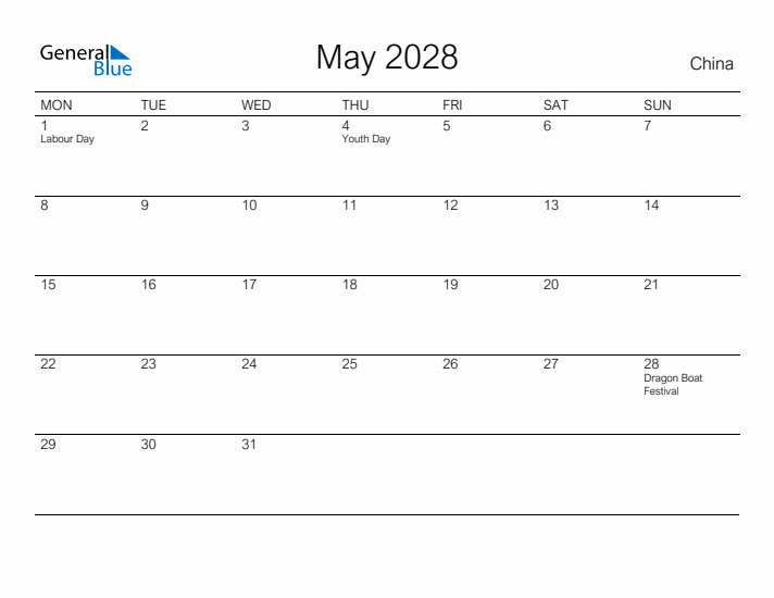 Printable May 2028 Calendar for China