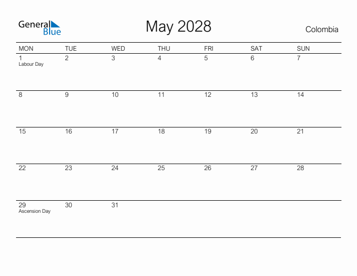 Printable May 2028 Calendar for Colombia