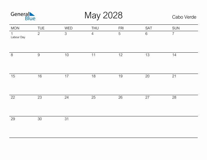 Printable May 2028 Calendar for Cabo Verde