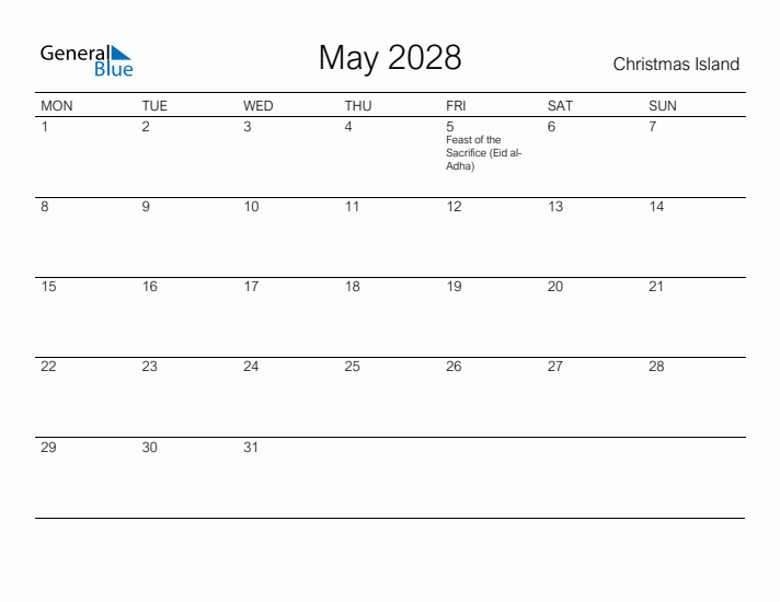 Printable May 2028 Calendar for Christmas Island