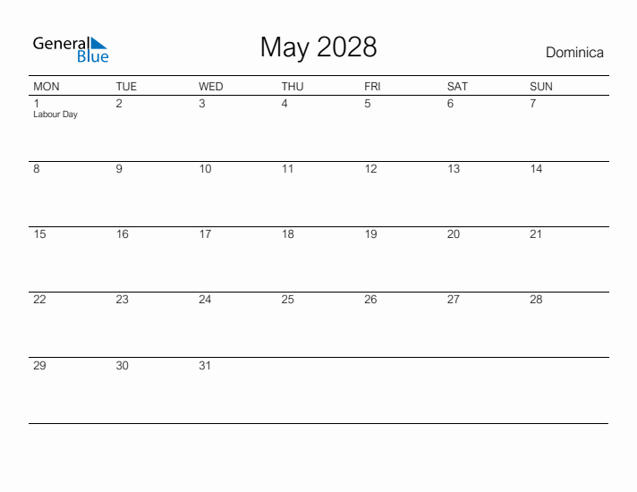 Printable May 2028 Calendar for Dominica
