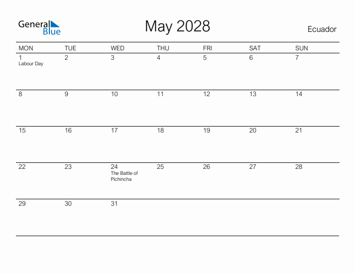 Printable May 2028 Calendar for Ecuador