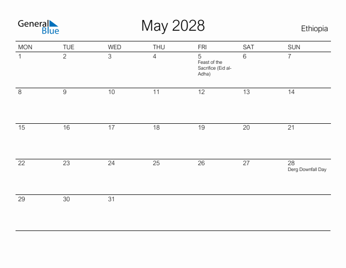 Printable May 2028 Calendar for Ethiopia