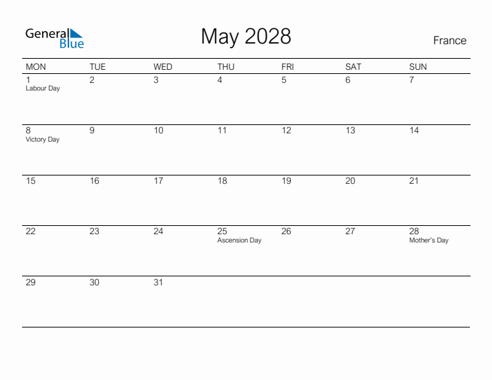 Printable May 2028 Calendar for France