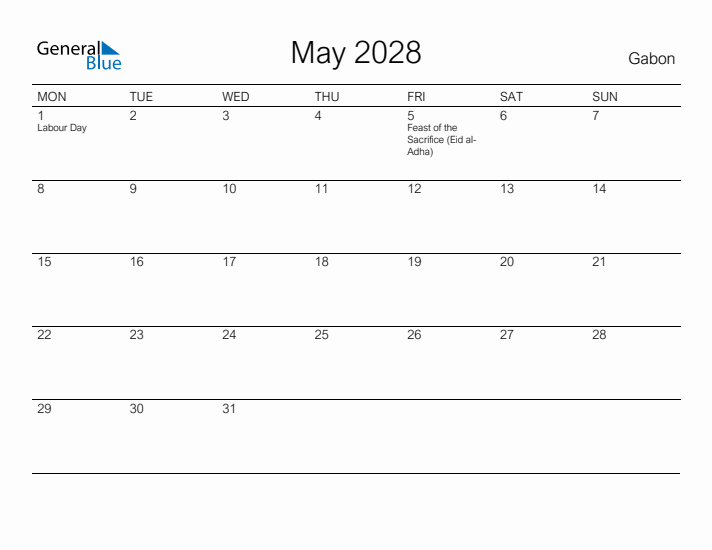 Printable May 2028 Calendar for Gabon