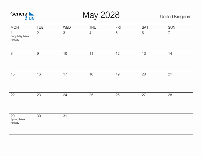 Printable May 2028 Calendar for United Kingdom