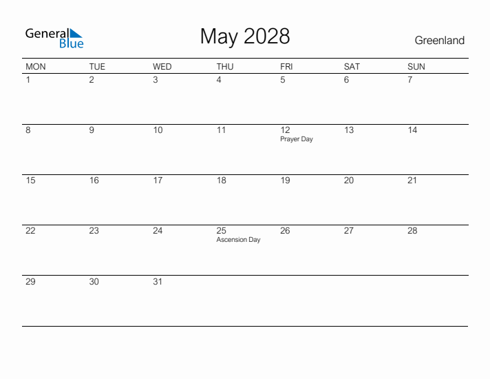 Printable May 2028 Calendar for Greenland