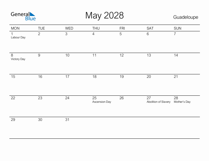 Printable May 2028 Calendar for Guadeloupe