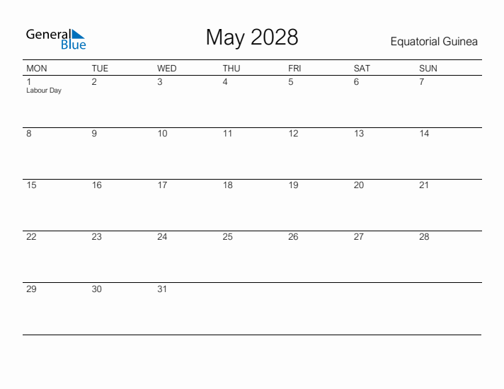 Printable May 2028 Calendar for Equatorial Guinea