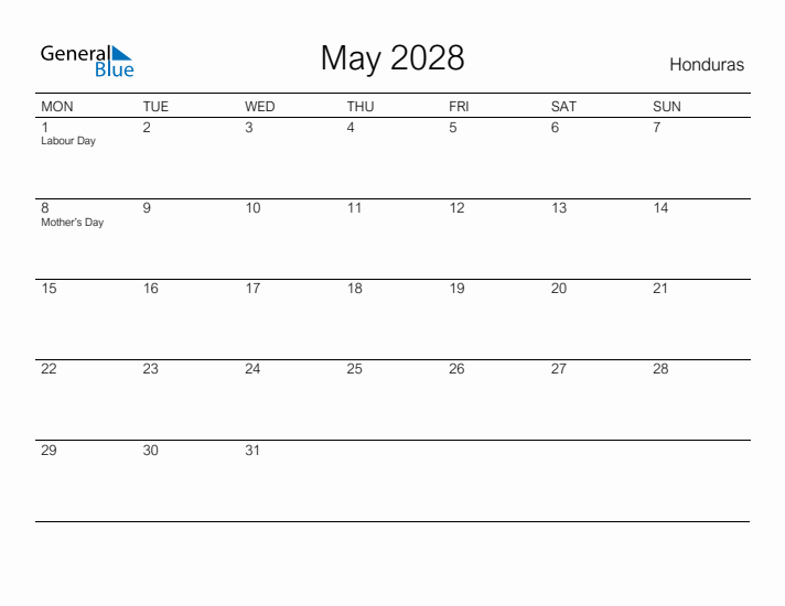 Printable May 2028 Calendar for Honduras