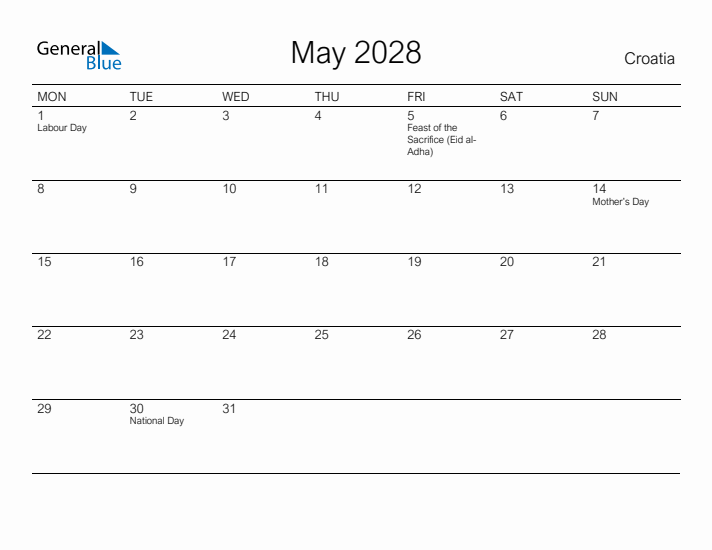 Printable May 2028 Calendar for Croatia