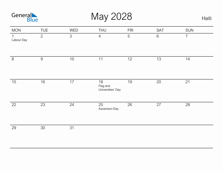 Printable May 2028 Calendar for Haiti