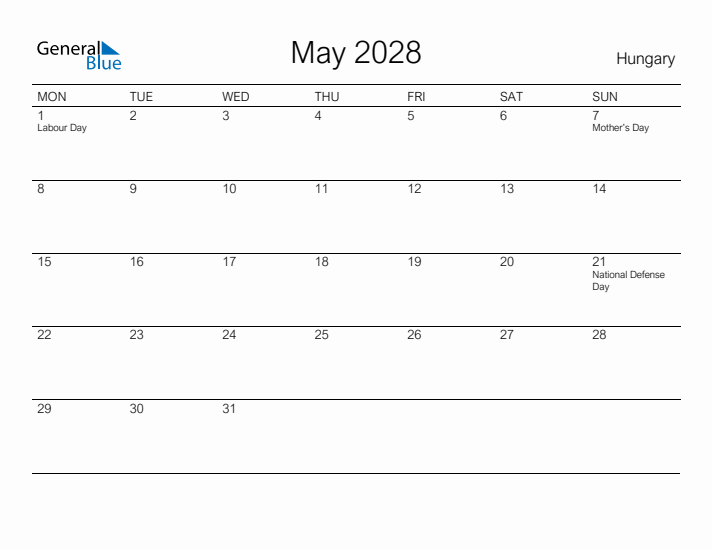 Printable May 2028 Calendar for Hungary