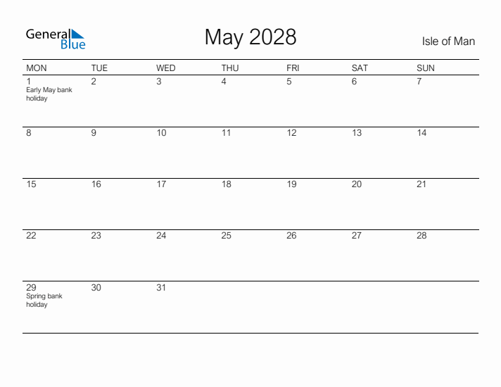 Printable May 2028 Calendar for Isle of Man