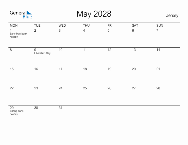 Printable May 2028 Calendar for Jersey