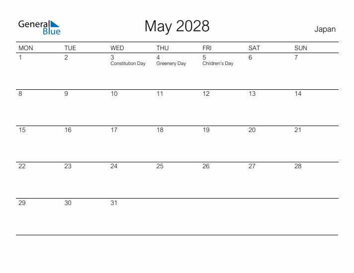 Printable May 2028 Calendar for Japan