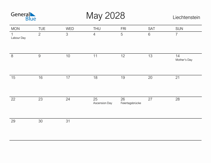 Printable May 2028 Calendar for Liechtenstein