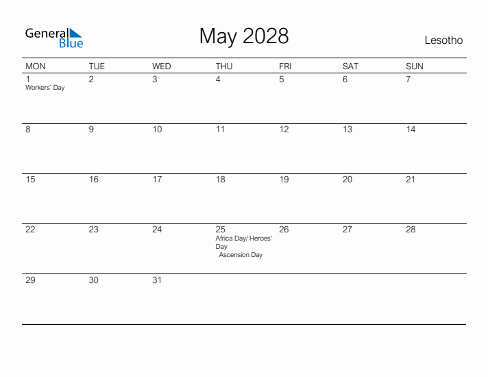 Printable May 2028 Calendar for Lesotho