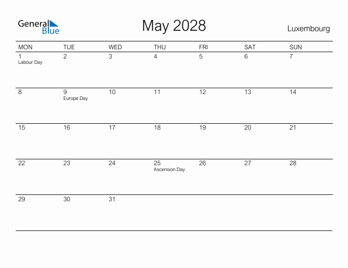 Printable May 2028 Calendar for Luxembourg