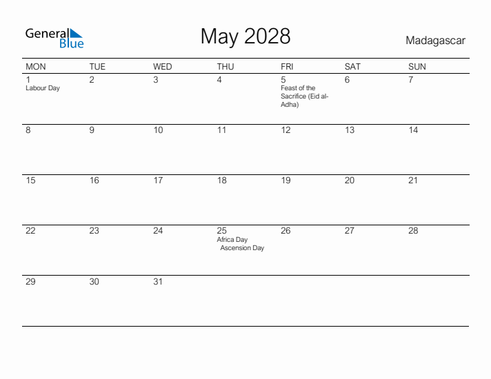 Printable May 2028 Calendar for Madagascar