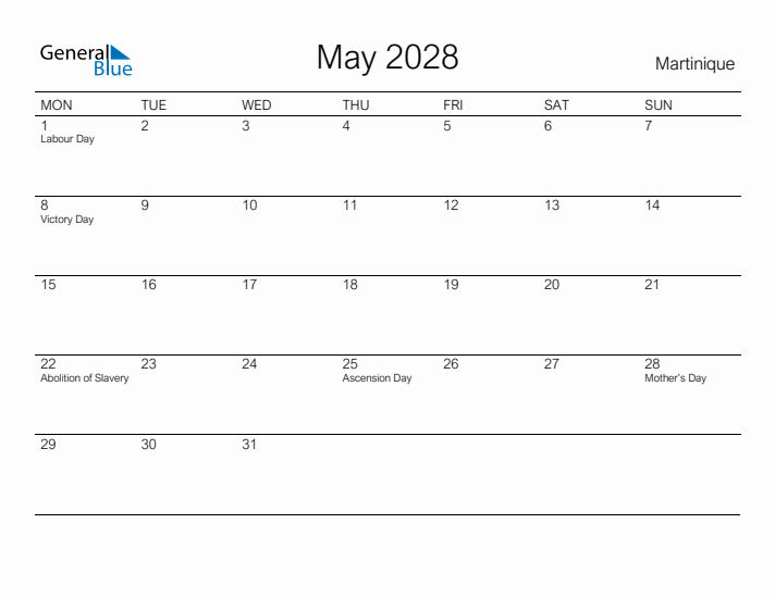 Printable May 2028 Calendar for Martinique
