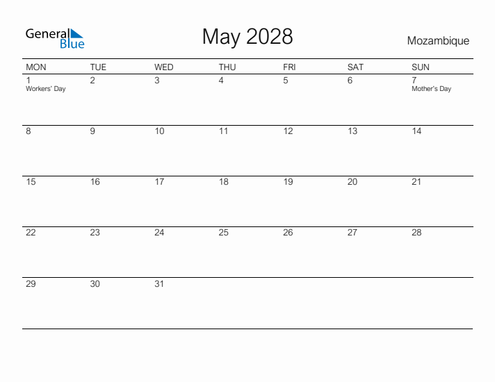 Printable May 2028 Calendar for Mozambique