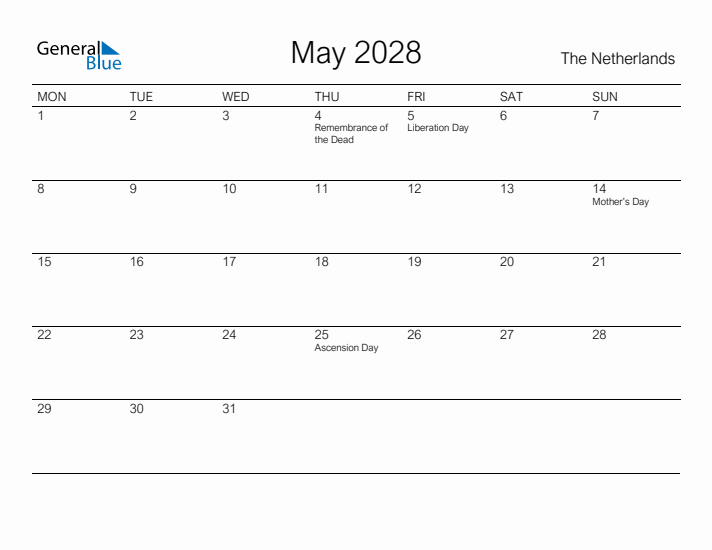 Printable May 2028 Calendar for The Netherlands