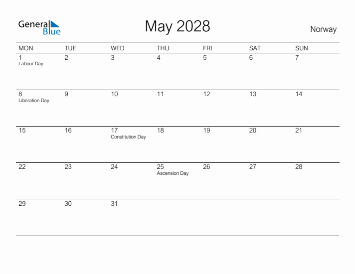 Printable May 2028 Calendar for Norway