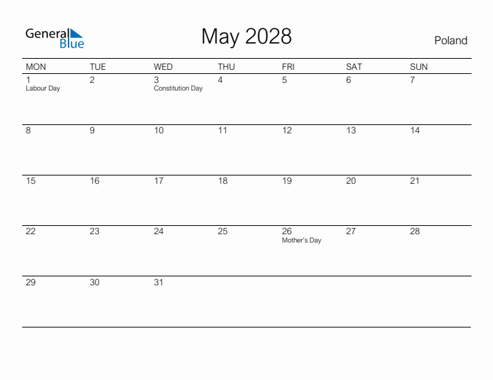 Printable May 2028 Calendar for Poland