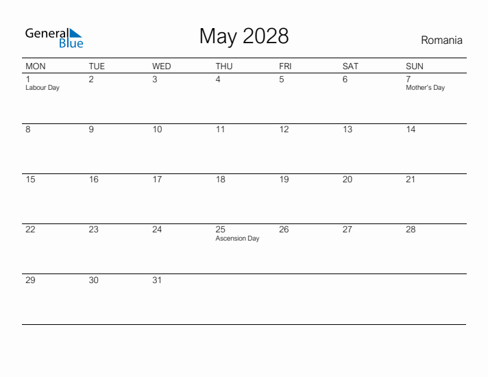 Printable May 2028 Calendar for Romania