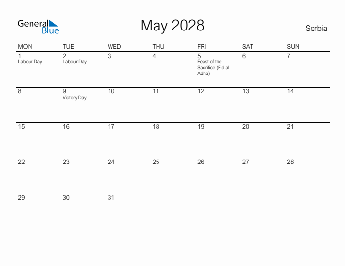 Printable May 2028 Calendar for Serbia