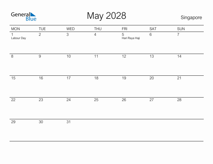 Printable May 2028 Calendar for Singapore