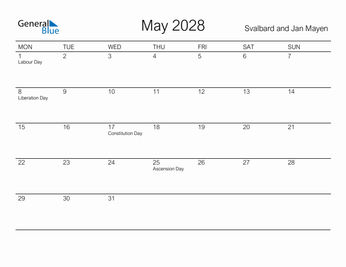 Printable May 2028 Calendar for Svalbard and Jan Mayen