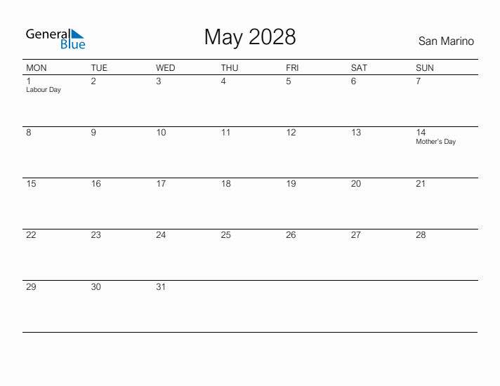 Printable May 2028 Calendar for San Marino