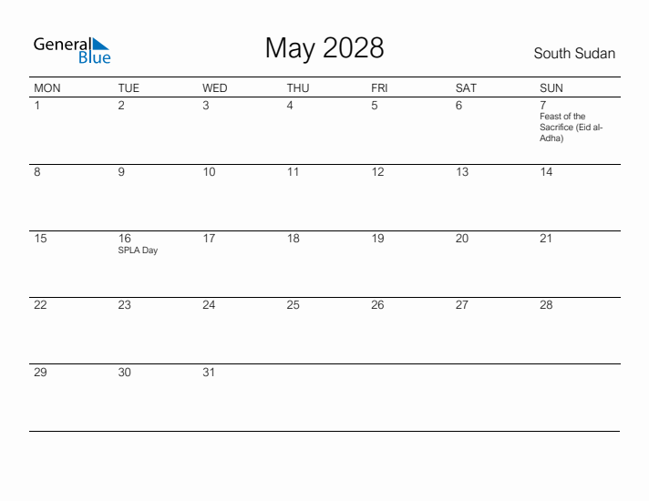 Printable May 2028 Calendar for South Sudan