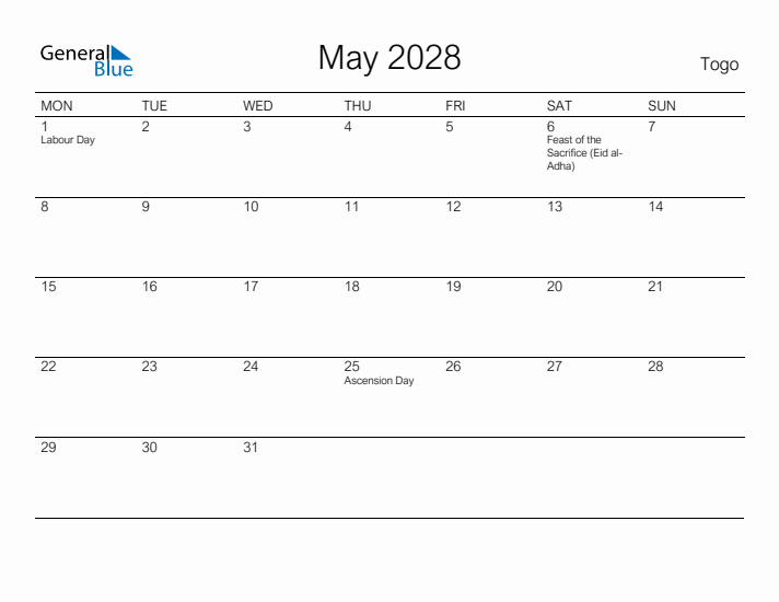 Printable May 2028 Calendar for Togo