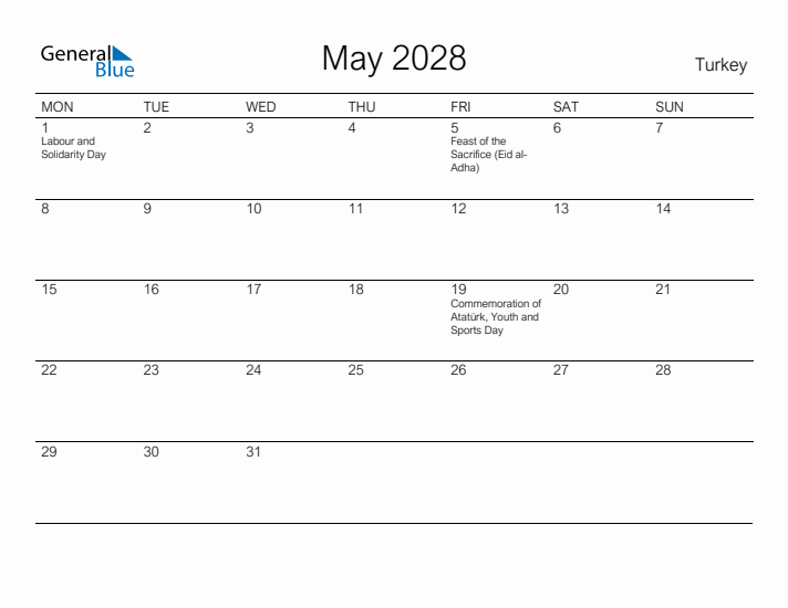 Printable May 2028 Calendar for Turkey