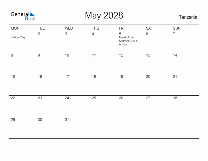 Printable May 2028 Calendar for Tanzania