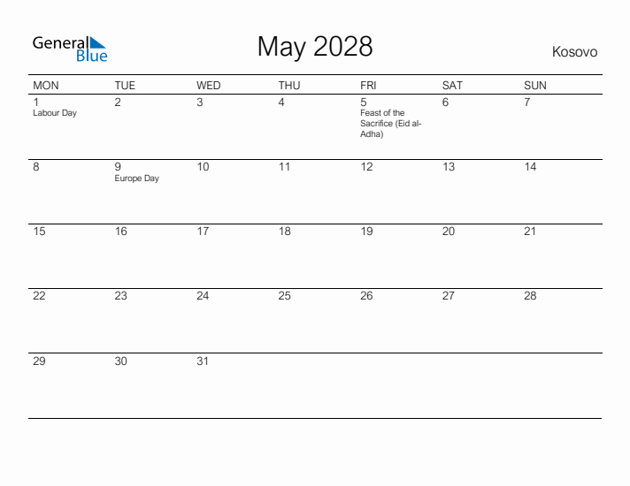 Printable May 2028 Calendar for Kosovo