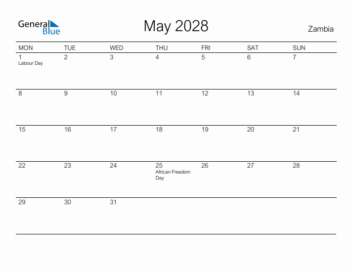 Printable May 2028 Calendar for Zambia