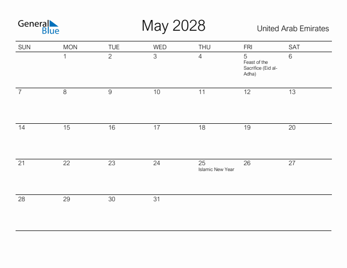 Printable May 2028 Calendar for United Arab Emirates